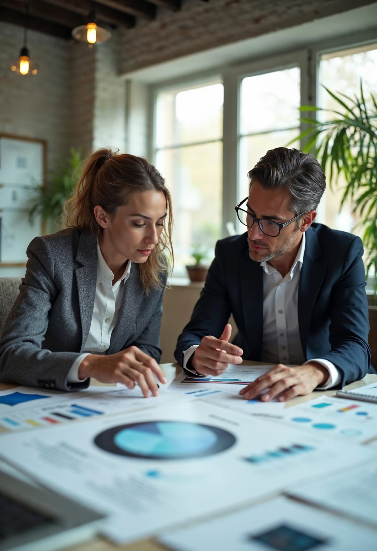 Two marketers in suits are sitting at a desk in a modern office, looking over a table full of charts and analytics. They are mid conversation and look serious about the discussion.