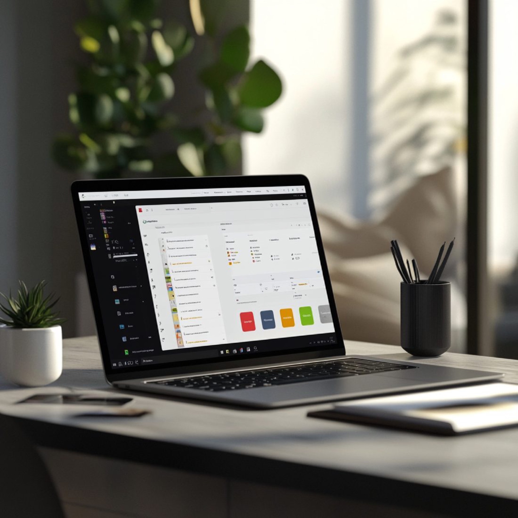 A laptop is open on a clean desk in a bright, modern office, displaying the analytics from the latest campaign.